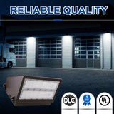 100W Full Cutoff LED Wall Pack featuring DLC Premium certification, UL Listed safety, 5-year warranty, and durable commercial-grade outdoor lighting performance.