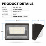 Product specifications and dimensions for the 100W Semi Cutoff LED Wall Pack featuring 13,000 lumens, 120-277V input, selectable CCT, 50,000-hour lifespan, and commercial-grade construction.