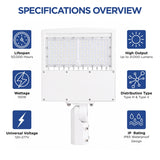 150W LED shoebox parking lot light specifications featuring 21,000 lumens, 120-277V input, 5000K daylight color, IP65 waterproof protection, and Type III/Type V distribution.