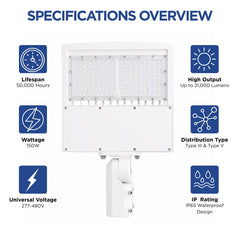 Specifications overview of 150W LED parking lot light featuring 21,000 lumens, 5000K daylight, IP65 waterproof rating, Type III and Type V distribution.
