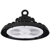 Front view of 150W LED UFO high bay light delivering up to 22,500 lumens at 5000K daylight white with a 120° beam angle for commercial and industrial lighting.