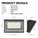 Product specifications and dimensions for the 150W Semi Cutoff LED Wall Pack featuring 19,500 lumens, 120-277V input, selectable CCT, 50,000-hour lifespan, and commercial-grade construction.