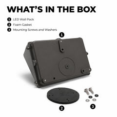 Package contents of the 150W Semi Cutoff LED Wall Pack including the LED fixture, foam gasket, and mounting screws with washers for quick commercial installation.