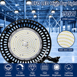 Feature overview of the 150W UFO LED high bay light with 27,000 lumens, SMD 2835 LEDs, high efficiency, heat dissipation, and industrial-grade performance.