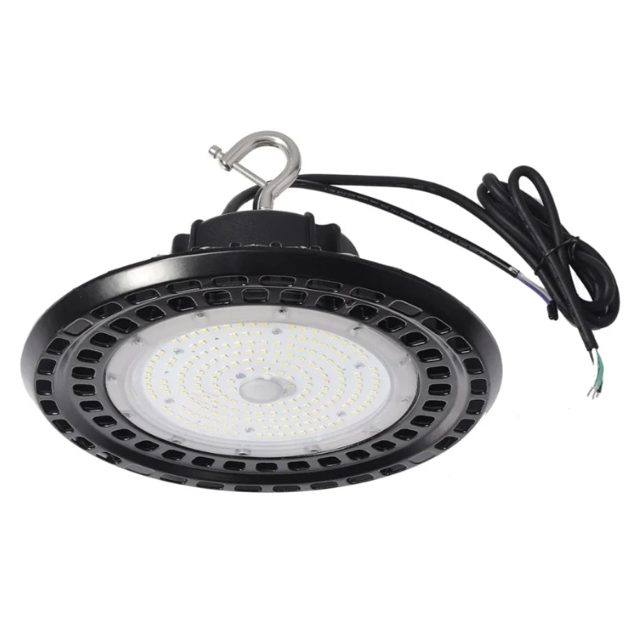 Front view of the 150W UFO LED high bay light delivering 27,000 lumens with 4000K neutral white output, 120-277V input, and 0-10V dimming for commercial lighting.