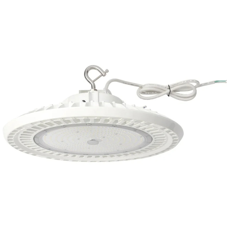 Front view of the white 180W/200W/240W selectable UFO LED high bay light delivering up to 43,200 lumens at 5000K daylight white with 0-10V dimming and 100-277V input.