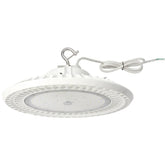 Front view of the white 180W/200W/240W selectable UFO LED high bay light delivering up to 43,200 lumens at 5000K daylight white with 0-10V dimming and 100-277V input.