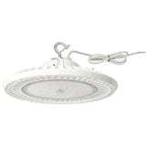 Front view of the white 180W/200W/240W selectable UFO LED high bay light delivering up to 43,200 lumens at 5000K daylight white with 0-10V dimming and 100-277V input.
