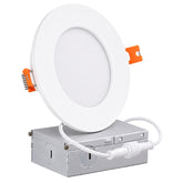 4 Inch Slim LED Recessed Light with Junction Box, 5CCT 2700K/3000K/3500K/4000K/5000K, 9W, 720LM, 120V, Triac Dimmable, CRI 90+, White Aluminum Housing, Ultra-Thin Canless Wafer Downlight, 120Β° Beam Angle, ETL & cETL Listed