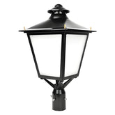 80W/100W/120W Selectable Lantern Post Top LED Light, 3CCT 3000K/4000K/5000K, 120 lm/W, 120-277V AC, 0-10V Dimmable, 120° Beam Angle, UL/cUL & DLC Listed, IP65, Black Die-Cast Aluminum Housing, Slip-Fit Mount, 5-Year Warranty
