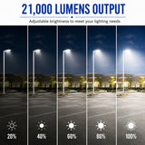 High-output 150W LED area light producing 21,000 lumens with 0-10V dimming and 120-277V compatibility for parking lots and commercial properties.