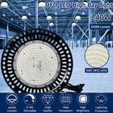 Feature overview of the 240W UFO LED high bay light with 43,200 lumens, SMD 2835 LEDs, 0-10V dimming, high heat dissipation, and lightning protection.
