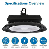 300W UFO LED High Bay Light – 42,000 Lumens, 5000K Daylight White, 140 lm/W, 0–10V Dimmable, 120–277V, 90° Beam Angle, UL, cUL & DLC Listed, LIFUD Driver, Hook Mount, 1000W Metal Halide Equivalent, 5-Year Warranty