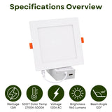 6 Inch Slim Square LED Recessed Downlight, 960 Lumens, 5CCT Selectable 2700K/3000K/3500K/4000K/5000K, Canless IC Rated Ceiling Light with Junction Box, 12W Dimmable Ultra-Thin Wafer Light, 27-36W MH/HPS Equivalent, 120V, CRI 90+, 5-Year Warranty