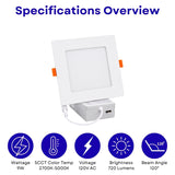 4 Inch Slim Square LED Recessed Downlight, 720 Lumens, 5CCT Selectable 2700K/3000K/3500K/4000K/5000K, Canless IC Rated Ceiling Light with Junction Box, 9W Dimmable Ultra-Thin Wafer Light, 18-27W MH/HPS Equivalent, 120V, CRI 90+, 5-Year Warranty