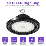 Sensor Ready 200W UFO LED High Bay Light, 650W MH Equivalent, Up to 36,000 Lumens, 180 lm/W, 3CCT Selectable 4000K/5000K/5700K, 120-277V, 0-10V Dimmable, 120° Beam Angle, Black Housing