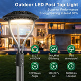 80W/100W/120W/150W Tunable Post Top LED Light, 3CCT 3000K/4000K/5000K, Selectable Wattage, 130 lm/W, 120-277V AC, Built-In Photocell, 120° Beam, ETL/cETL & DLC Certified, IP65, Black Housing, 5-Year Warranty