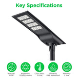 100W Solar LED Street Light, 10,000 Lumens, 5700K Daylight, 250W Metal Halide Equivalent, All-in-One Outdoor Solar Parking Lot Light, IP66 Waterproof, Motion Sensor, Dusk-to-Dawn, Adjustable Mount, Black Housing