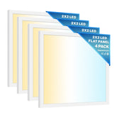 Four LED flat panel lights with a packaging label on a white background