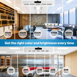 An informational infographic showing different indoor lighting 2x2 led indirect troffer color temperatures and brightness levels, with labeled examples for 3500K, 4000K, 5000K, 5700K, 6500K, 15W, 20W, 25W, 30W, and 40W. The layout includes office and lounge room scenes with ceiling-mounted light fixtures and text banners explaining the lighting options.