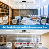 An infographic explaining LED office lighting color and brightness options, showing office interior scenes with labeled light temperatures from 3500K to 6500K and lamp wattages from 25W to 50W. 2x4 led troffer at upgradetoled.com