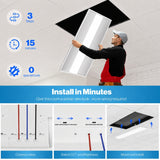 A man installs a rectangular LED ceiling light panel 2x4 led troffer light fixture
into a white ceiling tile. The image includes text overlays detailing a 3-step process in 15 minutes with 0 special tools, and three bottom panels showing how to connect wires, select CCT and brightness, and mount and install the light.