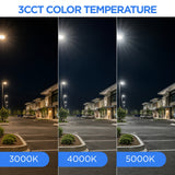 Comparison of 3000K warm white, 4000K neutral white, and 5000K daylight color temperatures produced by the UpgradeToLED 3CCT tunable LED shoebox parking lot light.