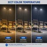 LED parking lot light offering selectable 3000K warm white, 4000K neutral white, and 5000K daylight white color temperatures.