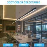 Black LED linear light showing 3CCT selectable color temperatures including 3500K warm white, 4000K natural white, and 5000K daylight