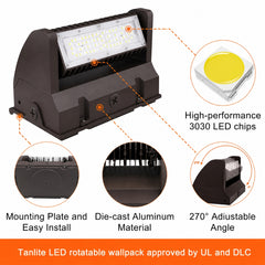 40W Rotatable LED Wall Pack | 5,400 Lumens | 350° Adjustable Optics | 120-277V | DLC Premium