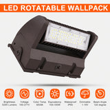 Feature overview of the 40W Rotatable LED Wall Pack highlighting 5,400 lumens, 5000K daylight color, 0-10V dimming, 120° beam angle, IP65 waterproof rating, and 120-277V operation.