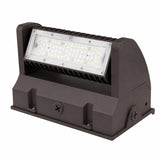 Front view of the 40W Rotatable LED Wall Pack delivering 5,400 lumens with adjustable optics, 120-277V input, DLC Premium certification, and IP65 weatherproof construction.
