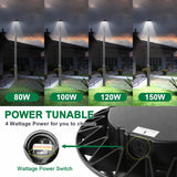 80W/100W/120W/150W Tunable Post Top LED Light, 3CCT 3000K/4000K/5000K, Selectable Wattage, 130 lm/W, 120-277V AC, Built-In Photocell, 120° Beam, ETL/cETL & DLC Certified, IP65, Black Housing, 5-Year Warranty