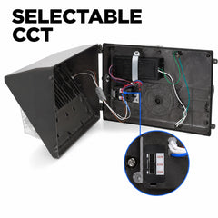 Interior view of the 60W Semi Cutoff LED Wall Pack showing the selectable 3000K, 4000K, and 5000K color temperature switch and internal driver components.