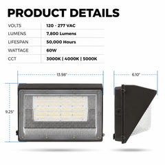 Product specifications and dimensions for the 60W Semi Cutoff LED Wall Pack featuring 7,800 lumens, 120-277V input, selectable CCT, and a 50,000-hour lifespan.