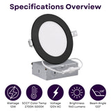 A round recessed LED light fixture shown with its metal junction box on a white background, under the heading 'Specifications Overview.' The fixture has a black circular frame and a white diffuser, with a silver-gray metal box below connected by a white cable.