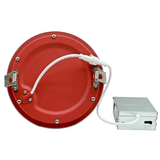 A red circular recessed light fixture shown from the back, with metal mounting brackets, a white power cord, and a silver metal junction box on a plain white background.