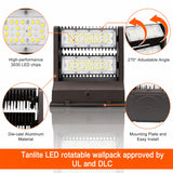 Close-up of the 80W Rotatable LED Wall Pack featuring high-performance 3030 LED chips, die-cast aluminum housing, dual 350° adjustable optics, and an easy wall-mount installation plate.