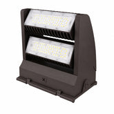 Front view of the 80W Rotatable LED Wall Pack delivering 10,800 lumens with dual adjustable LED modules, 120-277V input, DLC Premium certification, and IP65 weatherproof construction.