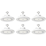 Sensor Ready 150W UFO LED High Bay Light, 300W MH Equivalent, Up to 27,000 Lumens, 180 lm/W, 3CCT 4000K/5000K/5700K Selectable, 120-277V, 0-10V Dimmable, 120° Beam, White Housing