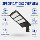 Angled front view of the UpgradeToLED 450W LED parking lot light featuring adjustable slip fitter mounting, Type III distribution, 3CCT selectable color temperatures, and up to 60,121 lumens.