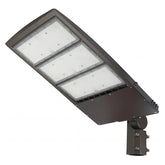 Angled front view of the UpgradeToLED 450W LED parking lot light with bronze housing, Type III distribution, 3CCT selectable color temperatures, and up to 60,121 lumens output.