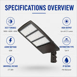 Overview of key features including 450W power, 60,121 lumens, 3CCT tunable settings, IP65 waterproof rating, Type III optics, and 277-480V operation.
