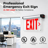 Emergency exit sign product graphic showing a white rectangular sign with large red EXIT text and a red right-pointing arrow, mounted on a wall. The left side shows an office interior with a city view, and the right side shows the sign close-up with UL 924 listed text and flame-resistant/90-min backup icons.