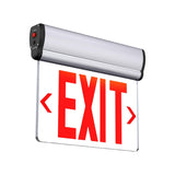 Edge-Lit LED Exit Sign with Emergency Battery Backup with a silver metal roller housing, a black control box with a red button, and a white retractable panel displaying the word 'EXIT' in bold red letters with red directional arrows.