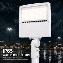 IP65 waterproof 150W LED parking lot light operating in rainy weather, ideal for commercial parking lots, retail centers, and outdoor security lighting.
