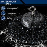 IP65 waterproof selectable UFO LED high bay light with black aluminum housing for warehouses, factories, gyms, workshops, and commercial facilities.