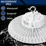 White housing UFO LED high bay light with IP65 waterproof protection, dustproof construction, and durable design for warehouses, factories, gymnasiums, and industrial facilities.