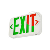 A white emergency exit sign with green and red lettering, shown at an angle on a plain white background.