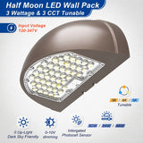 LED Half Moon Wall Pack showing selectable 48W, 64W, and 80W wattage, tunable 3000K, 4000K, and 5000K color temperatures, 0-10V dimming, and built-in dusk-to-dawn photocell.